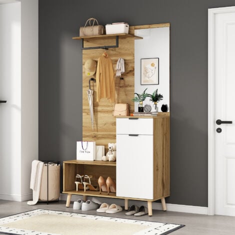 Mobile multifunzionale in legno alto 190 cm con specchio, scarpiera, scarpiera, cassetto, ripiano e appendiabiti - design moderno con cerniere idrauliche e pratico spazio di stoccaggio