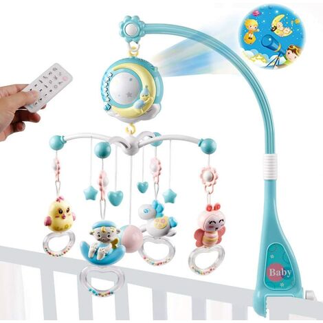 Mobile Pour Lit De Bebe Musical Avec Lumieres Et Musique Support Lit De Bebe Musical Rotatif Avec Projecteur Hochets Suspendus Et Boite A Musique Avec Telecommande Jouet Pour Nouveau Ne Bleu