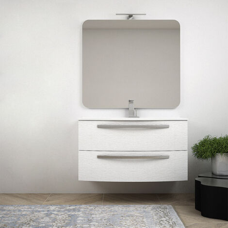 Mobile per bagno bianco frassino 100 cm sospeso design curvo Mod. Berlino  con specchio led