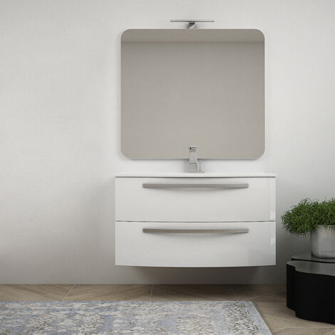Mobile per bagno bianco lucido 100 cm sospeso bombato - Berlino  con colonna da 140 cm
