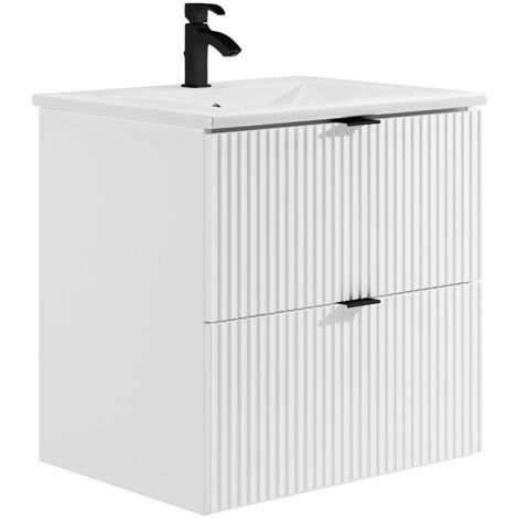 Mobile per bagno sospeso con scanalature e lavabo da incasso 60 cm Bianco opaco - ZEVINI