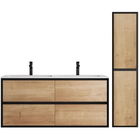 Mobile per bagno sospeso e lavabo da incasso e colonna 120 cm  Colore naturale chiaro e Nero - LANNICK