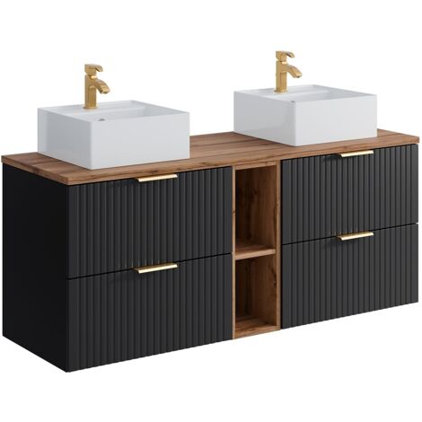 Mobile per bagno sospeso scanalature nicchie lavabo doppio appoggio quadrato L140 Nero natur. chiaro - ZEVARA