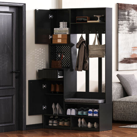Mobile per Ingresso 35x100x180 cm, Soluzione Compatta con Ganci e Ripiani, con Panca, MDF, Nero, per Ingresso