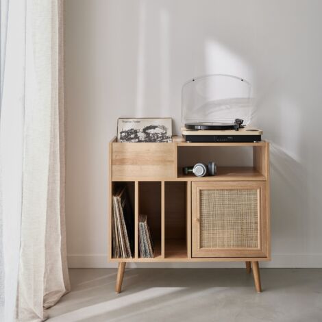Mobile per vinili con decorazioni in canna e legno