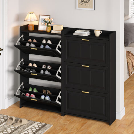 Mobile porta scarpe lotto da 2 con 3 ante ribaltabili e 6 scomparti, nero, 70x24x120 cm
