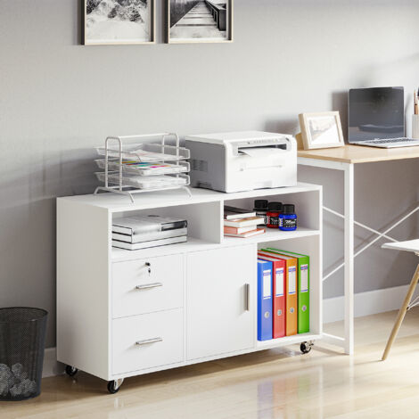 Mobile Porta Stampante con Cassetti, Mobiletto Multiuso per Ufficio e Casa, Bianco, 100x35x65cm
