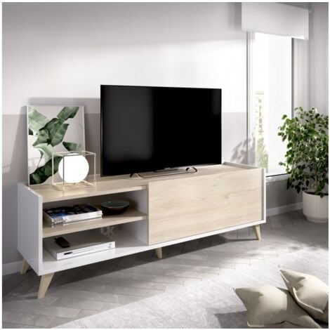 ABITARE Mobile porta tv 155x43x47 cm bianco opaco e rovere naturale con una ribalta e due vani - Ronda