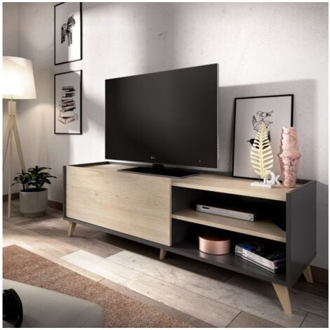 ABITARE Mobile porta tv 155x43x47 cm grafite e rovere naturale con una ribalta e due vani - Ronda