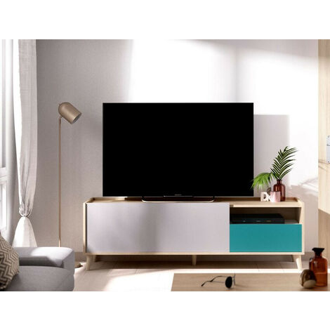 ABITARE Mobile porta tv 155x43x47 cm rovere naturale, grigio smeraldo e bianco opaco con una ribalta ed un cassetto - Cecina