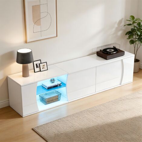 Mobile porta TV 180x40x45 cm con illuminazione a LED, 3 ante e ripiani in vetro temperato, finitura lucida, bianco