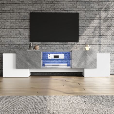 Mobile porta TV 180x40x46,5 cm con illuminazione a LED e 4 ante, 3 ripiani contenitore per soggiorno, MDF bianco e grigio