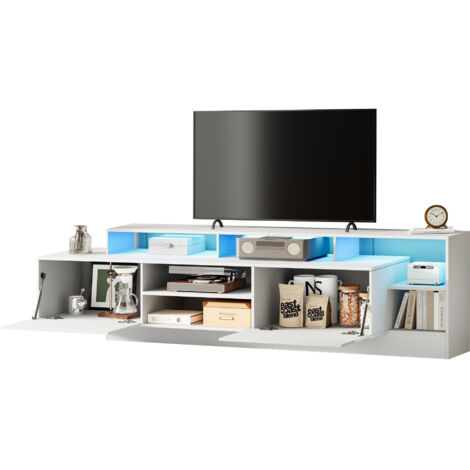 Mobile porta TV 190x40x48,5 cm, 2 Ante Chiusura Lenta e Ripiani Aperti, Illuminazione LED e Porta USB, Bianco, per Soggiorno
