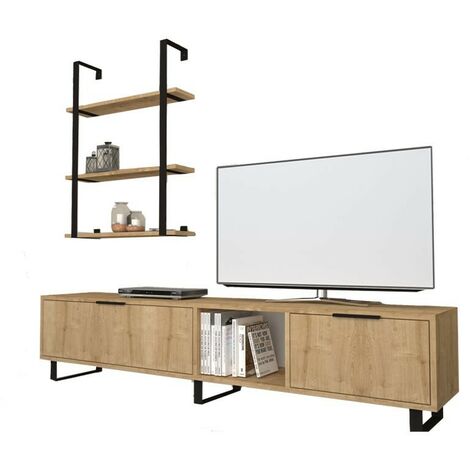 Mobile porta tv 2 ribalte con libreria 3 mensole rovere 180x35xh.40 cm