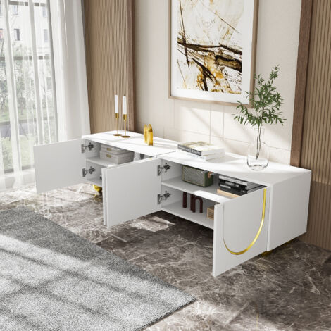 Mobile porta TV a 4 ante per TV fino a 80", mobile basso per soggiorno/camera da letto con gambe rotonde, 170×38×44 cm, bianco e oro