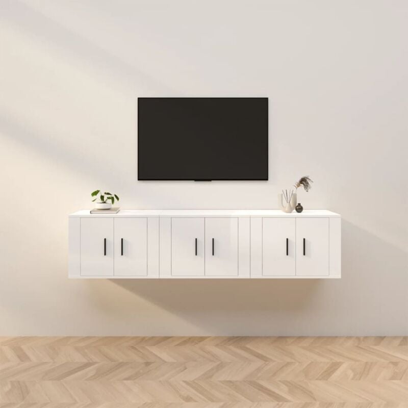 Jinlefu - vidaXL Mobili Porta tv a Parete 3 pz Bianco Lucido 57x34,5x40 cm