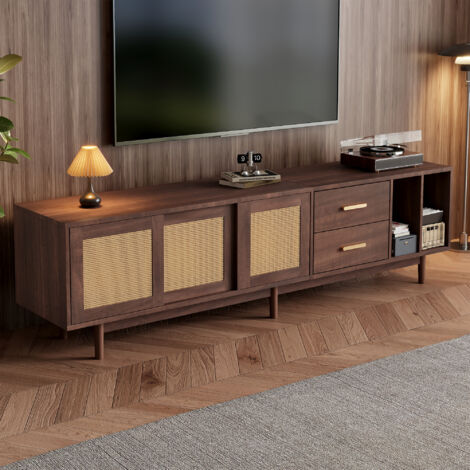 Mobile porta TV - Adatto a TV da 75 pollici, Mobile basso con 3 ante e 2 cassetti, Mobile per soggiorno/camera da letto, MDF, Marrone