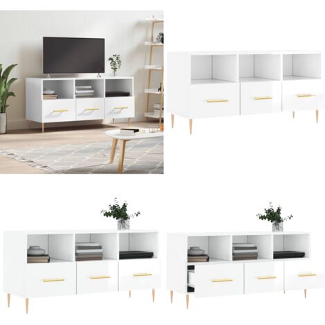 Mobile Porta TV Bianco Lucido 102x36x50 cm in Legno Multistrato - TV Stand - Mobile in Legno