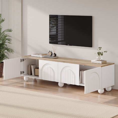 Mobile porta TV bianco, mobile basso con contenitore - adatto per TV fino a 80 pollici, 6 piedini sferici, 4 ante, 180×40×45 cm, MDF, naturale + bianco