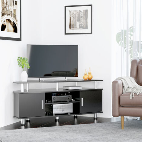 Mobile Porta TV Classico da Soggiorno con 2 ripiani e 2 Armadietti, in MDF e Acciaio Inox, Nero, 120x39.5x52cm