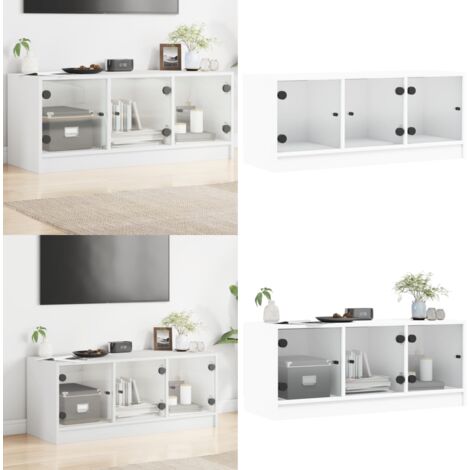 Mobile Porta TV con Ante in Vetro Bianco 102x37x42 cm - Armadio TV - Ante in vetro