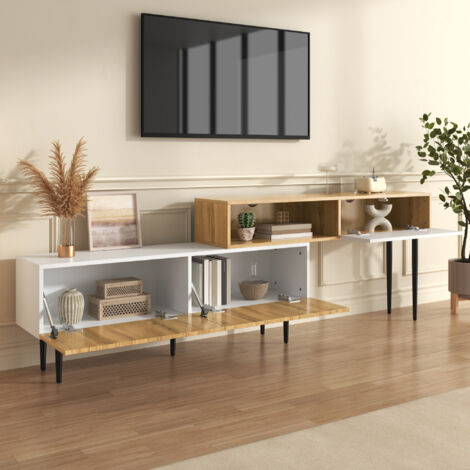Mobile porta TV con ante, lunghezza regolabile, vano portaoggetti aperto, gambe in metallo nero, realizzato in MDF, colore bianco e naturale