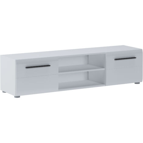 Mobile Porta TV Con Maniglie Nere Con 2 Ante E 2 Ripiani Aperti Design Moderno per Soggiorno Adatto A TV fino a 65 Pollici 160 x 40 x 39,6 Cm Bianco Lucido