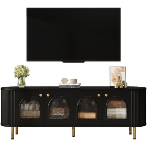 Mobile porta TV, credenza bassa con ante in vetro, pratico mobile contenitore per il soggiorno, maniglie e piedini dorati