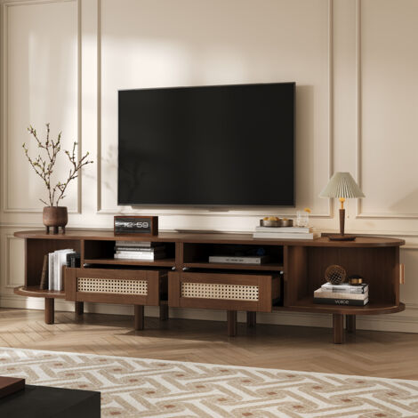 Mobile porta TV in rattan con 2 ante e 2 cassetti, per soggiorno o camera da letto - adatto per TV fino a 70 pollici, 170x40x40 cm, MDF, Marrone