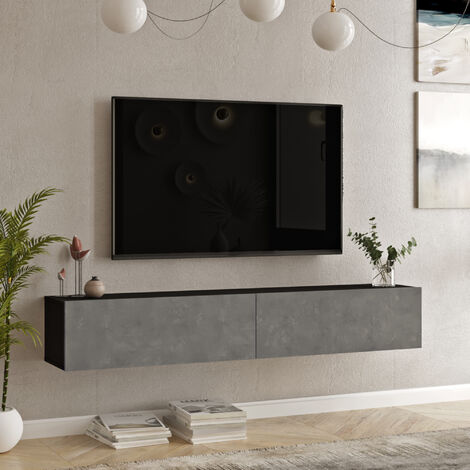 Mobile Porta TV Lapinlahti con 2 Ante a Ribalta Consolle da Parete 180 cm - Nero / Effetto Cemento [en.casa]