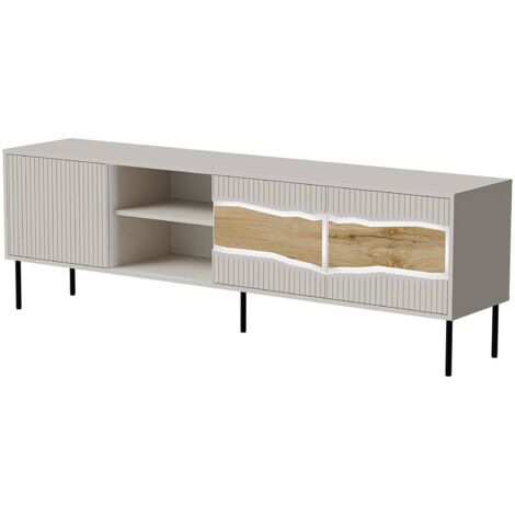 Mobile porta TV Luvinate, Madia da salotto con tre ante battenti e due vani, Con luci led, Rialzato da terra, 190x40 h62 cm, Beige e Rovere Nodi