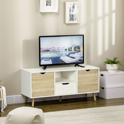 Mobile Porta TV max 50" Moderno con Cassetto, Ripiano Aperto e 2 Armadietti, Mobile TV con 5 Gambe in Legno di Pino, 110x40x50 cm, Bianco e Colore Legno