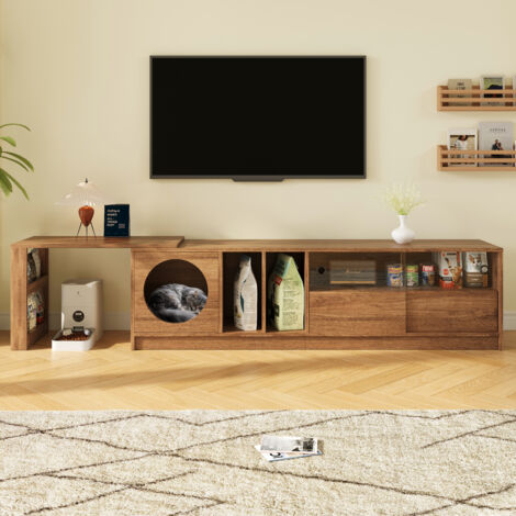 Mobile porta TV, mobile porta TV girevole con contenitore, 2 ante in vetro temperato, 1 cuccia per gatti, 180/260×40×50 cm, MDF, marrone