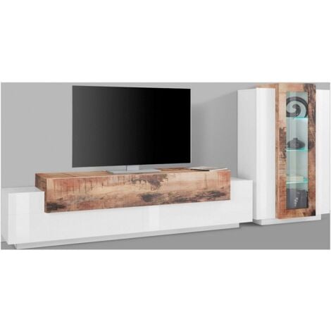 Mobile Porta Tv Moderno 290x45x120,5cm - CELESTIA - Colore: bianco laccato lucido/acero pereira