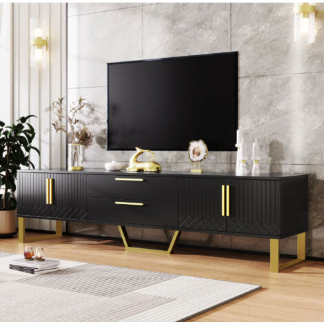 Mobile porta TV nero, mobile basso per soggiorno o camera da letto, 4 ante e 2 cassetti centrali, MDF, 170×39×53,5 cm