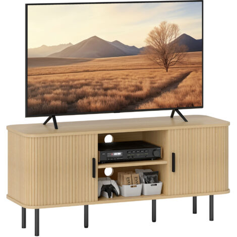 Mobile porta TV per televisori fino a 55 pollici, con ripiani e vano contenitore, colore rovere.