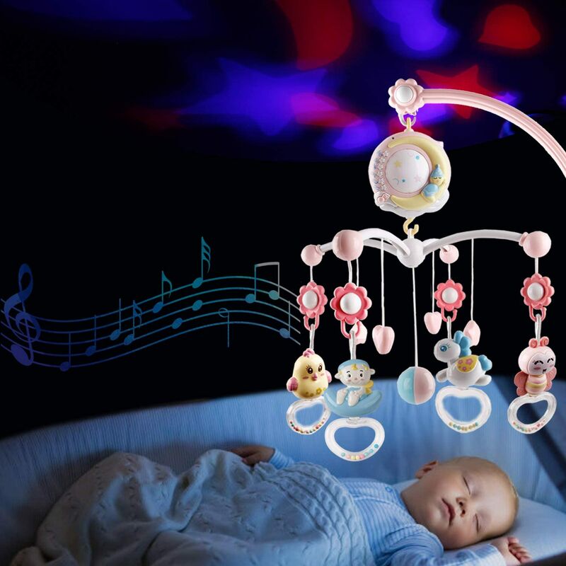 Mobile pour lit de bébé musical avec lumières et musique, support, lit de bébé musical rotatif avec projecteur, hochets suspendus et boîte à musique