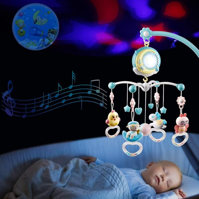 Mobile pour lit de bébé musical avec lumières et musique, support, lit de bébé musical rotatif avec projecteur, hochets suspendus et boîte à musique