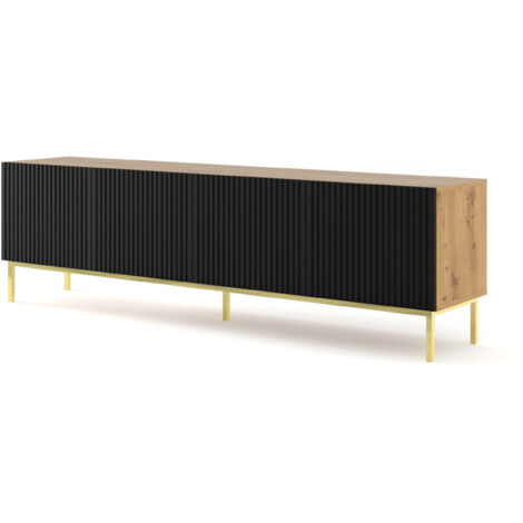 MOBILE RAVENNA B PORTE-TÉLÉ EN MDF RECOUVERT DE BOIS 4D 200 CHÊNE ARTISANAL NOIR MAT STRUCTURE OR