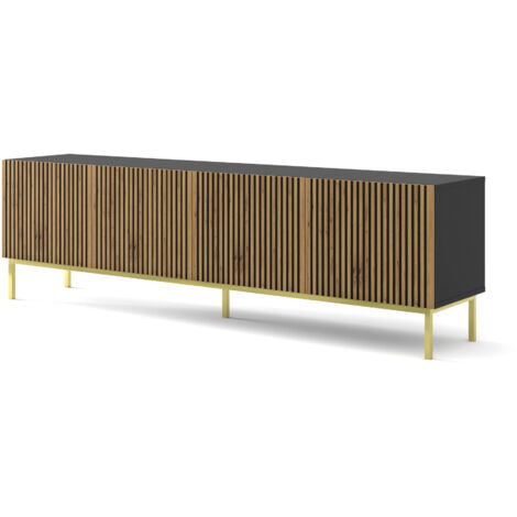 MOBILE RAVENNA F PORTE TV EN MDF PEINT 4D 200 NOIR OPAQUE CHÊNE ARTISANAL STRUCTURE OR