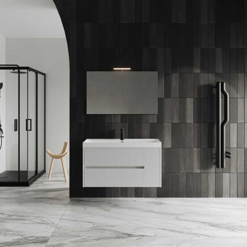 Kiamami Valentina - Mobile Salle De Bain Cannettato 100Cm Blanc Mat Miroir 100X60 Cortina