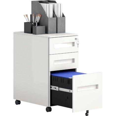 Mobile schedario in acciaio a 3 cassetti – Bianco – Con serratura – Ruote girevoli 360° – Dimensioni 60x30x43,5 cm – 2 chiavi incluse