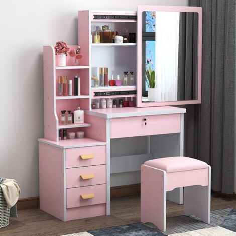 Mobile Scrivania con Specchio scorrevole Set con mensole , cassetti e sgabello tavolo cosmetici per ragazze - Colore: Bianco