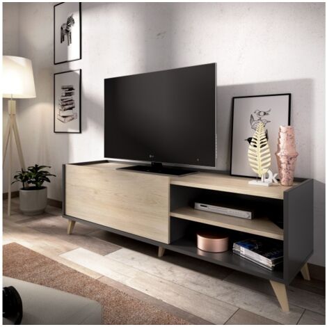 Mobile soggiorno porta Tv 155 cm Abby Grafite e Rovere naturale con una ribalta e due vani Grafite e naturale