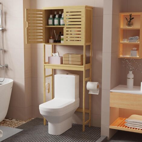 Mobile Sopra WC Lavatrice Bagno in bambu Scaffale Salvaspazio Mobiletto Portaoggetti con Ripiani Mensole 63x26x174 cm