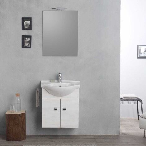 Mobile Sospeso 58Cm Con Lavabo, Specchio E Luce Quercia Bianco  Facile