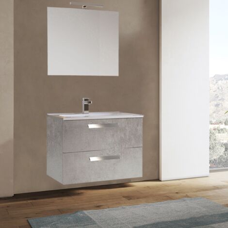 Mobile sospeso bagno 82 cm Cemento con lavabo e specchio LED - ANGELA1