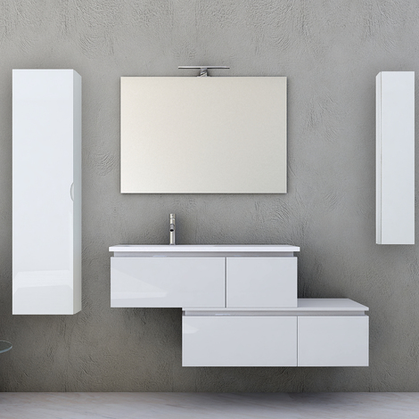 Mobile Bagno Con Lavabo Decentrato A Destra.Mobile Sospeso Moderno 100 Cm Bianco Lucido Con Cassettiera Pensile Colonna E Specchio Sofia Sof1blcp