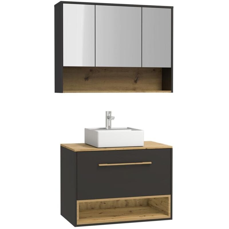 Vente-unique - Mobile sospeso per bagno con lavabo da appoggio e armadietto 80 cm Antracite - yangra