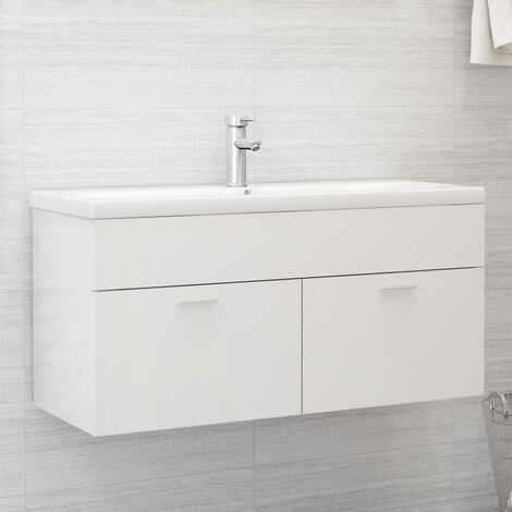 Mobile Sottolavabo, Armadietto da Bagno, Mobiletto da Bagno moderno Bianco Lucido 100x38,5x46 cm in Truciolato KWI3600 BonneVie